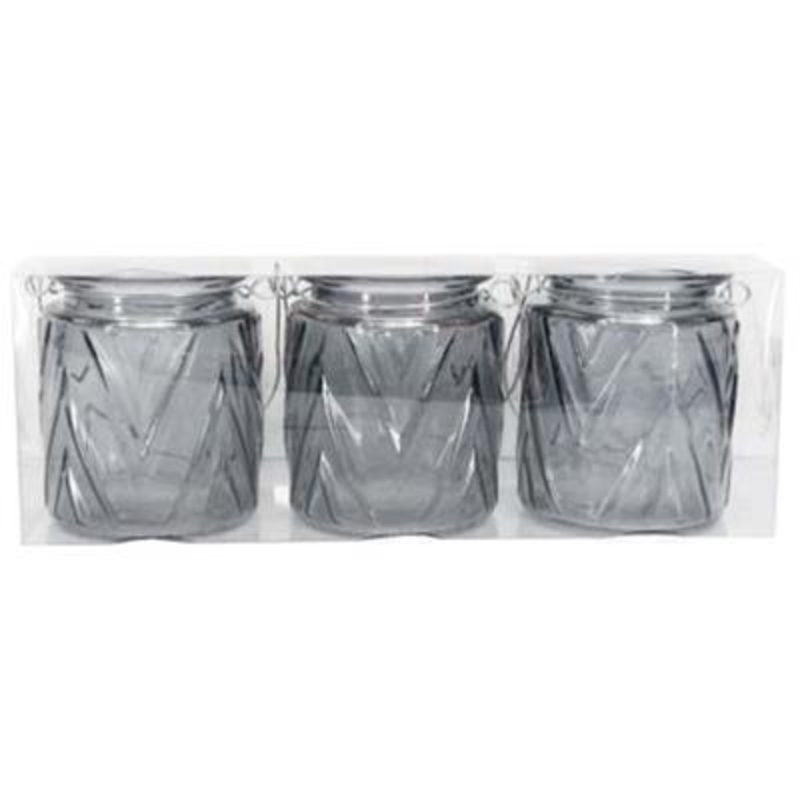 Pack of Three Grey glass chevron effect tea light jars By the designer Gisela Graham who designs really beautiful gifts for your garden and home. (LxWxD) 26x7x9cm